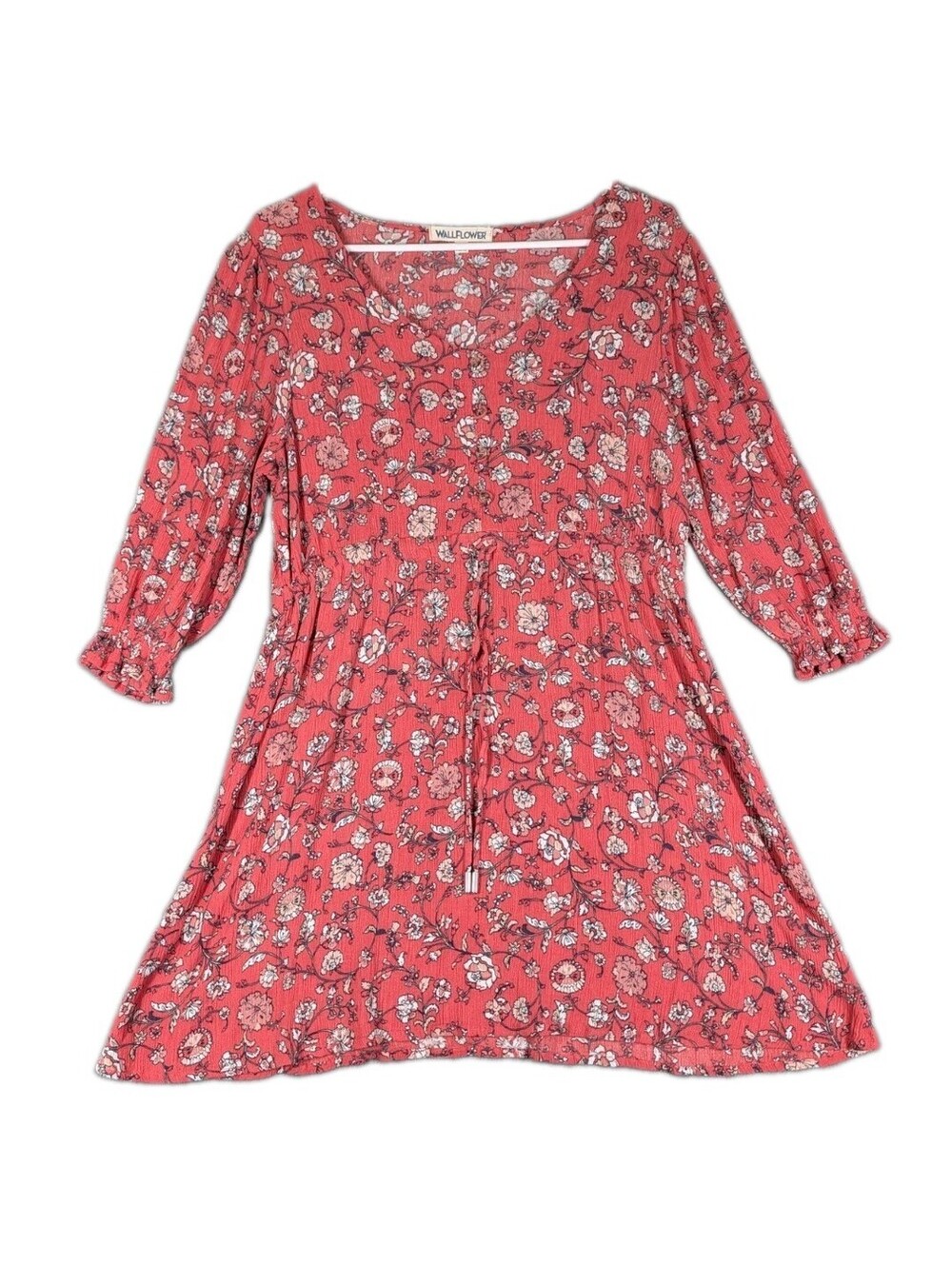 Wallflower Womens XL Coral Floral Boho Peasant Babydoll Mini Dress Rayon Soft
